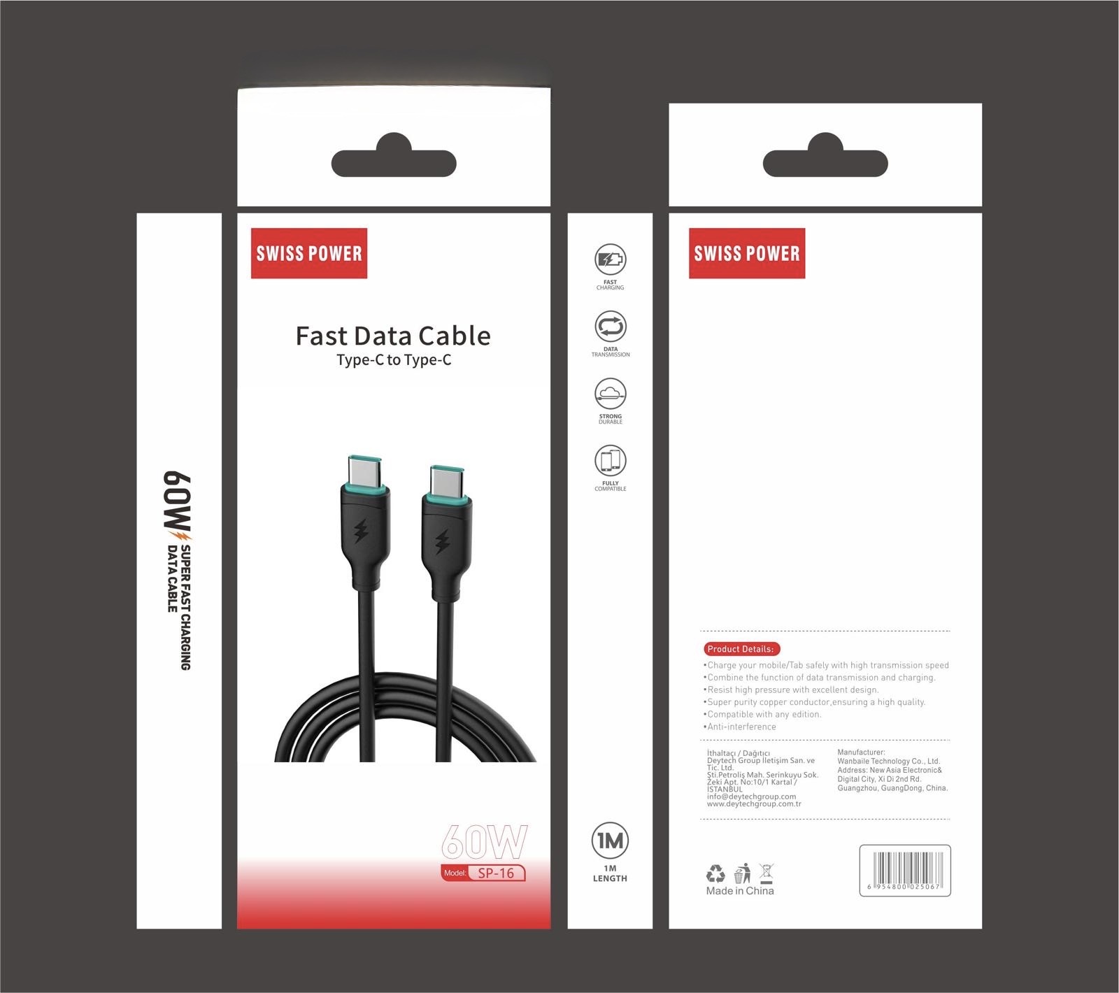 Swiss Power 60W Hızlı Type-C to Type-C Şarj-Data Kablosu