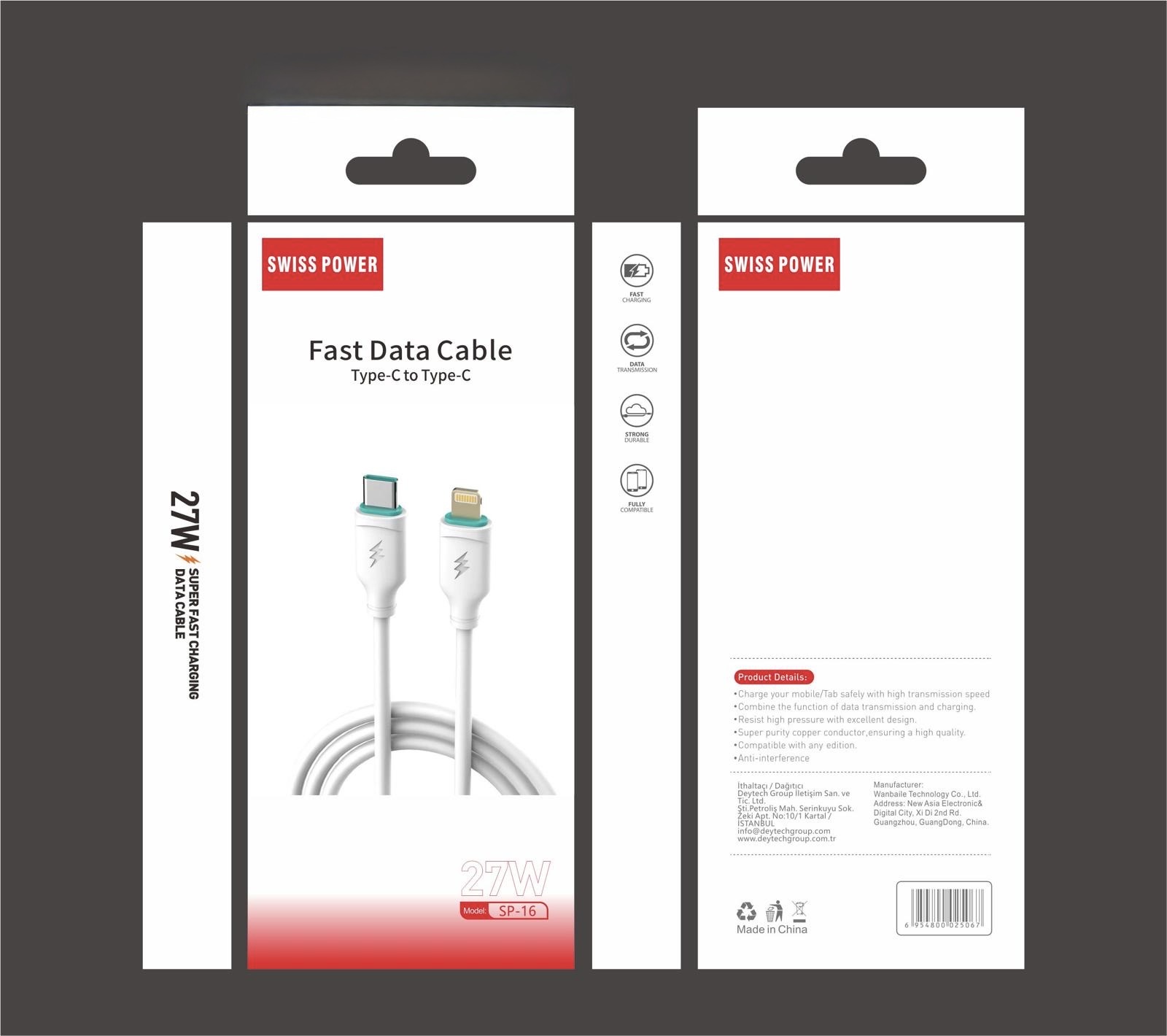 Swiss Power 27W USB-A to Lightning Hızlı Şarj-Data Kablosu