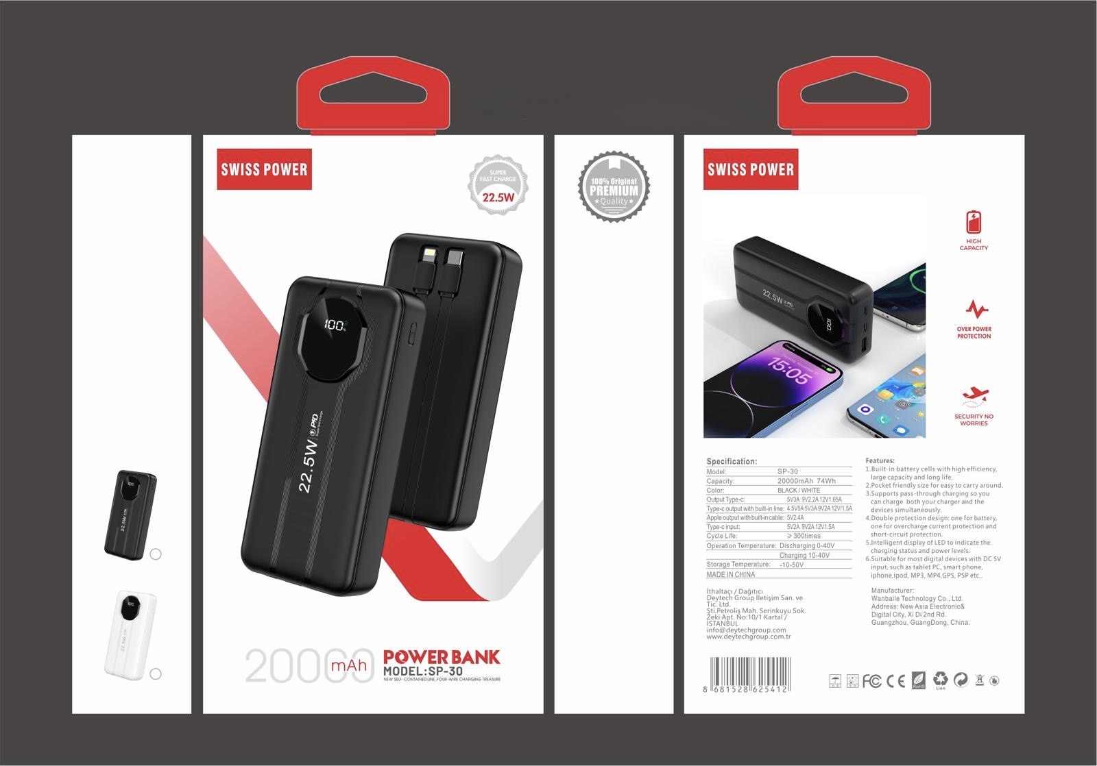 Swiss Power Dahili Kablolu 20000mAh 22.5W Powerbank